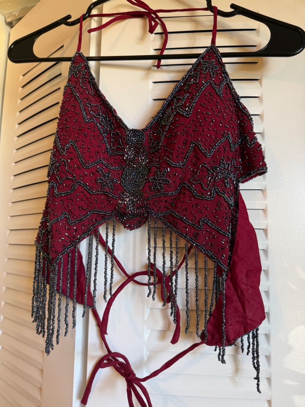 Vintage Red Beaded Halter Bandeau with Navy Beadwork - Picture 3 of 8